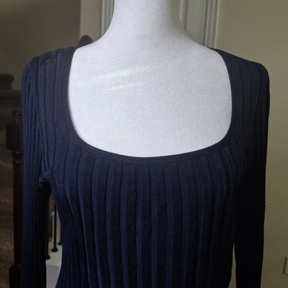 Veronica Beard Clara Ribbed Top Navy M Square Neck Dark Academia Preppy Coquette